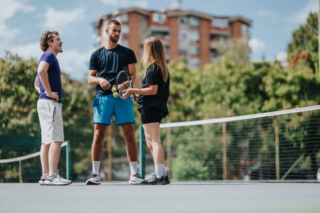 Friends chat on a sunny tennis court during a casual outdoor practice sessionの写真素材