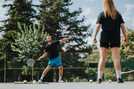 Man serving tennis on outdoor court with woman watching, dynamic action shot on sunny dayの写真素材