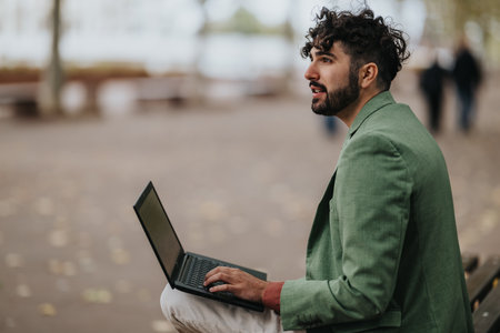 Man in Green Blazer Using Laptop Outdoors in a Park, Conveying Focus and Creativityの写真素材