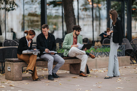 Group of colleagues and a standing woman discuss documents outside a cafe for a casual business meetingの写真素材
