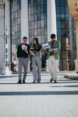 Colleagues outside a modern city building reviewing brochures, showcasing collaboration and business styleの写真素材