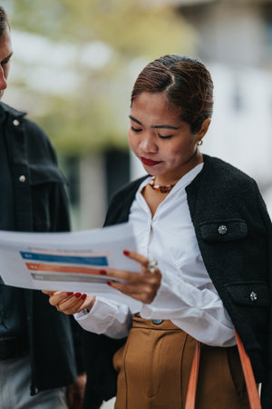 Woman reviewing a document with colleagues in an outdoor business setting, focused and stylish presentationの写真素材