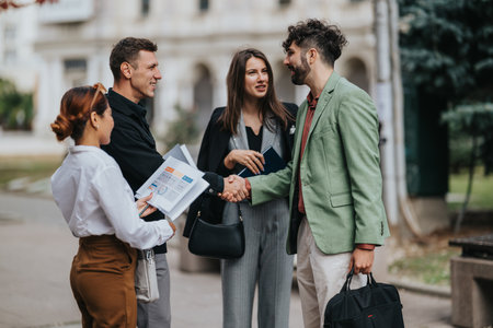 Business colleagues shake hands outdoors after a meeting, exchanging documents and smiles.の写真素材