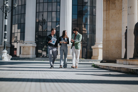 Three colleagues walk and discuss outside a grand building with columns and glass facadeの写真素材