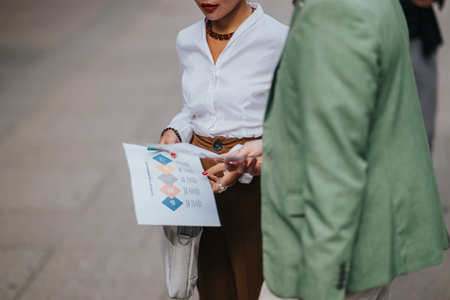 Two people on a city street review a colorful brochure with an info graphic during a casual business momentの写真素材
