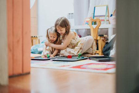 Two young sisters enjoying creative playtime together at homeの写真素材