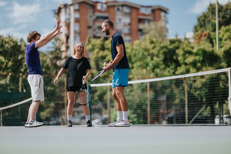 Friends celebrate on a tennis court after a friendly match on a sunny dayの写真素材