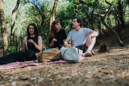 Friends enjoying a day out in nature with a forest picnic and backpacks