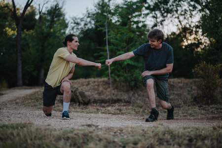 Two men outdoors share a fist bump during a casual workout on a dirt trailの写真素材