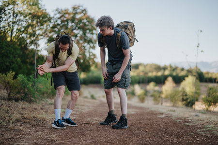 Two hikers check an ankle while resting on a dirt trail during an outdoor adventure