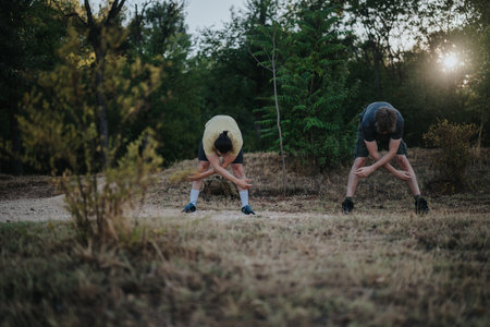 Two friends stretch together in a park at sunset, preparing for a workout outdoorsの写真素材