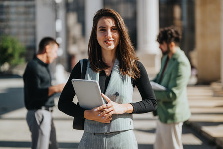 Confident woman with a tablet stands outside an office building while colleagues chat nearby