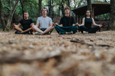 Four friends meditate in a forest clearing during an outdoor yoga sessionの写真素材