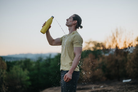 Man drinks from a yellow bottle outdoors at sunset, water splashing, capturing a refreshing outdoor momentの写真素材