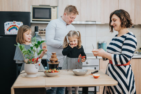 Family enjoying a homemade chocolate indulgence together in their cozy kitchenの写真素材