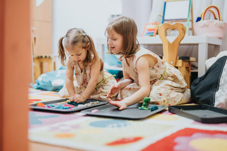 Two young girls engaged in creative play with modeling clayの写真素材