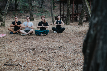 Group of friends meditating outdoors in a forest clearing for mindfulness and wellness practiceの写真素材