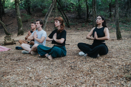 Group of friends meditating in a forest, practicing mindfulness and calm outdoorsの写真素材