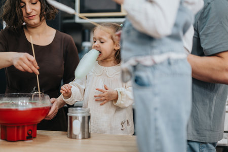 Family enjoying making and eating cotton candy in a cozy home kitchenの写真素材