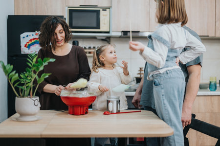 Family making cotton candy together at home in the kitchen