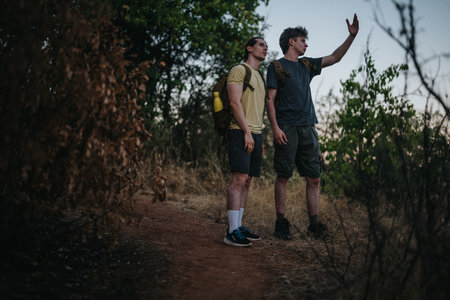 Two hikers with backpacks explore a rugged trail, pointing toward the horizon on a dry outdoor trekの写真素材