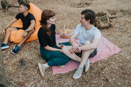 Friends enjoy an outdoor picnic and conversation in a forest clearing on a warm day