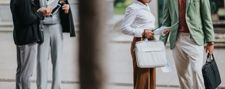 Business people stand outside, discussing documents and bags, in smart casual outfitsの写真素材