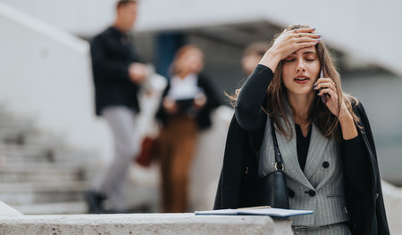 Woman on the phone, distressed at an outdoor business setting with colleagues in the backgroundの写真素材