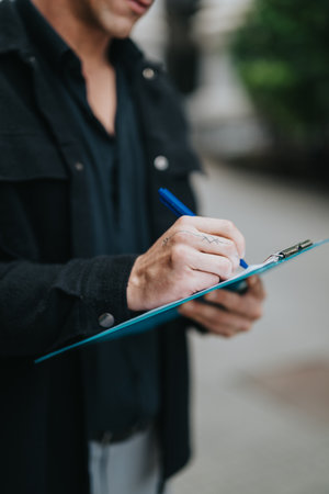 Person in black jacket writes on a clipboard with a blue pen outdoorsの写真素材