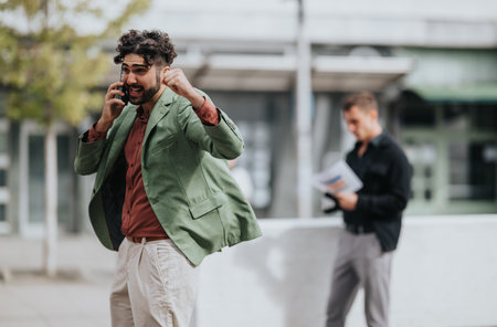 Businessman on a lively phone call outside office building while colleague reads documents nearby outdoorsの写真素材