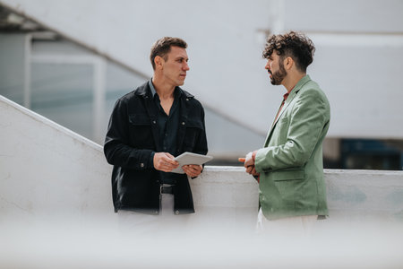 Two men in smart and casual jackets discuss on a rooftop, with a tablet during a business meetingの写真素材
