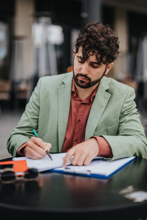 Curious man in a green blazer writes on a clipboard at an outdoor cafeの写真素材