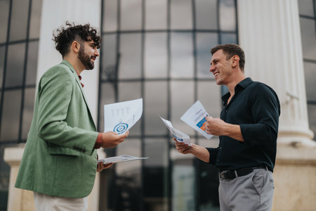Two men in a business discussion outside a modern building with documents in handの写真素材