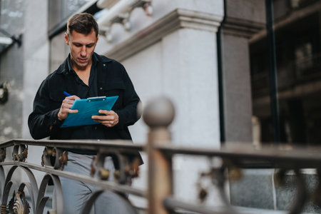 Man on a city street writes on a clipboard outdoors, focusing on work and notes
