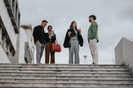 Group of business people on outdoor steps discussing documents and ideas togetherの写真素材