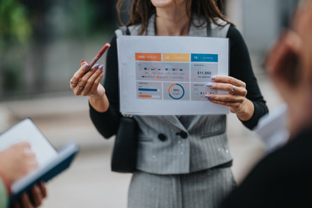 Business presentation of financial report with charts and dashboards for a team briefingの写真素材