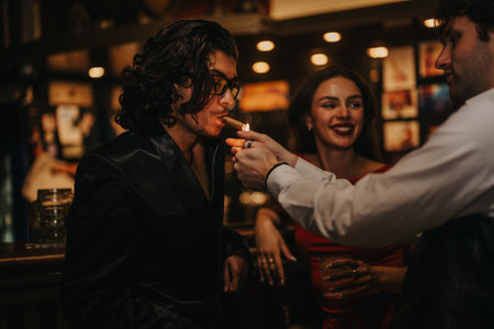 Friends enjoy a night out at a bar as one man smokes a cigar while others smile