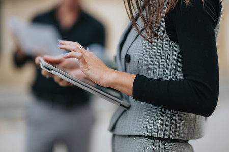 Business woman holding a tablet and documents in a modern office settingの写真素材