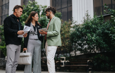 Three colleagues discuss business outside a modern building with documents and a tabletの写真素材