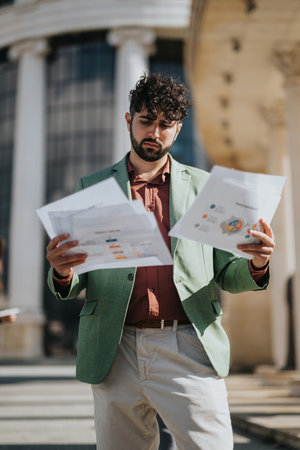 A man in a green blazer studies papers outdoors, focused on business documents in front of a classical buildingの写真素材