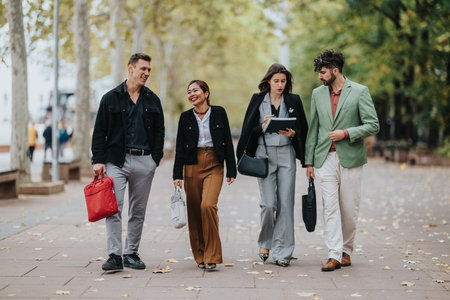 Four business people walking together in a park, carrying bags and a tablet, enjoying a sunny dayの写真素材