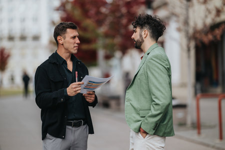 Two men in business attire discuss documents on a city street during an outdoor meetingの写真素材