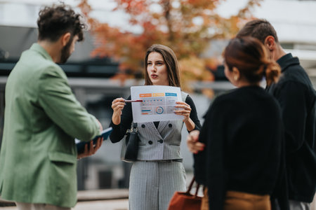 Business meeting outdoors: woman presents chart to colleagues in autumn setting