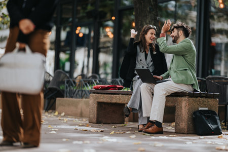 Two friends celebrate an outdoor meeting with a laptop on a park bench, sharing a joyful high five and casual business vibeの写真素材
