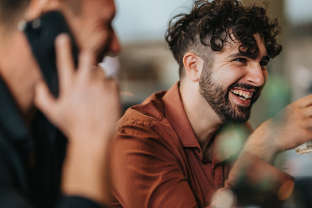 Smiling man in a casual shirt enjoying a laugh with a friend in a social settingの写真素材