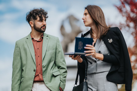 Business partners in stylish outfits converse outdoors as woman holds notebook during casual meetingの写真素材