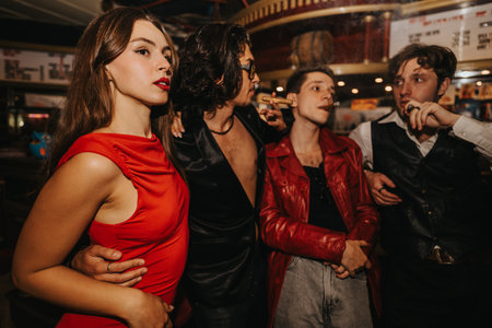 Group of stylish friends enjoying a night out at a bar with red dress and leather jacketsの写真素材