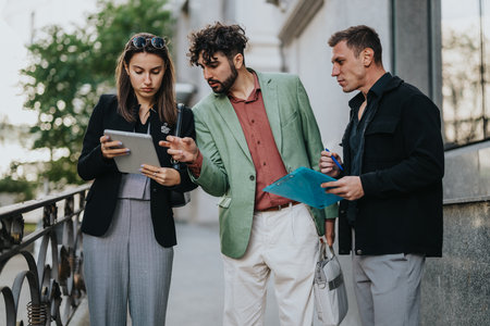 Three friends on a city street discuss ideas, viewing a tablet and clipboard in a casual business...