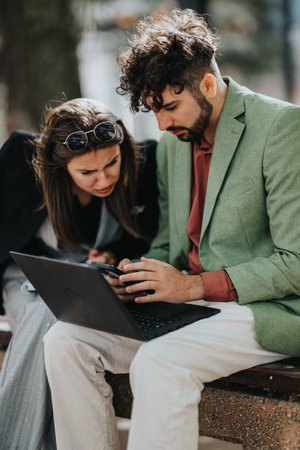 Two friends collaborate outdoors with laptop and smartphone, studying the screen togetherの写真素材
