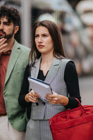 Businesswoman with notebook and red bag walking with colleague in an urban street sceneの写真素材